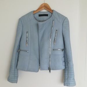 Light blue faux leather biker jacket from Zara